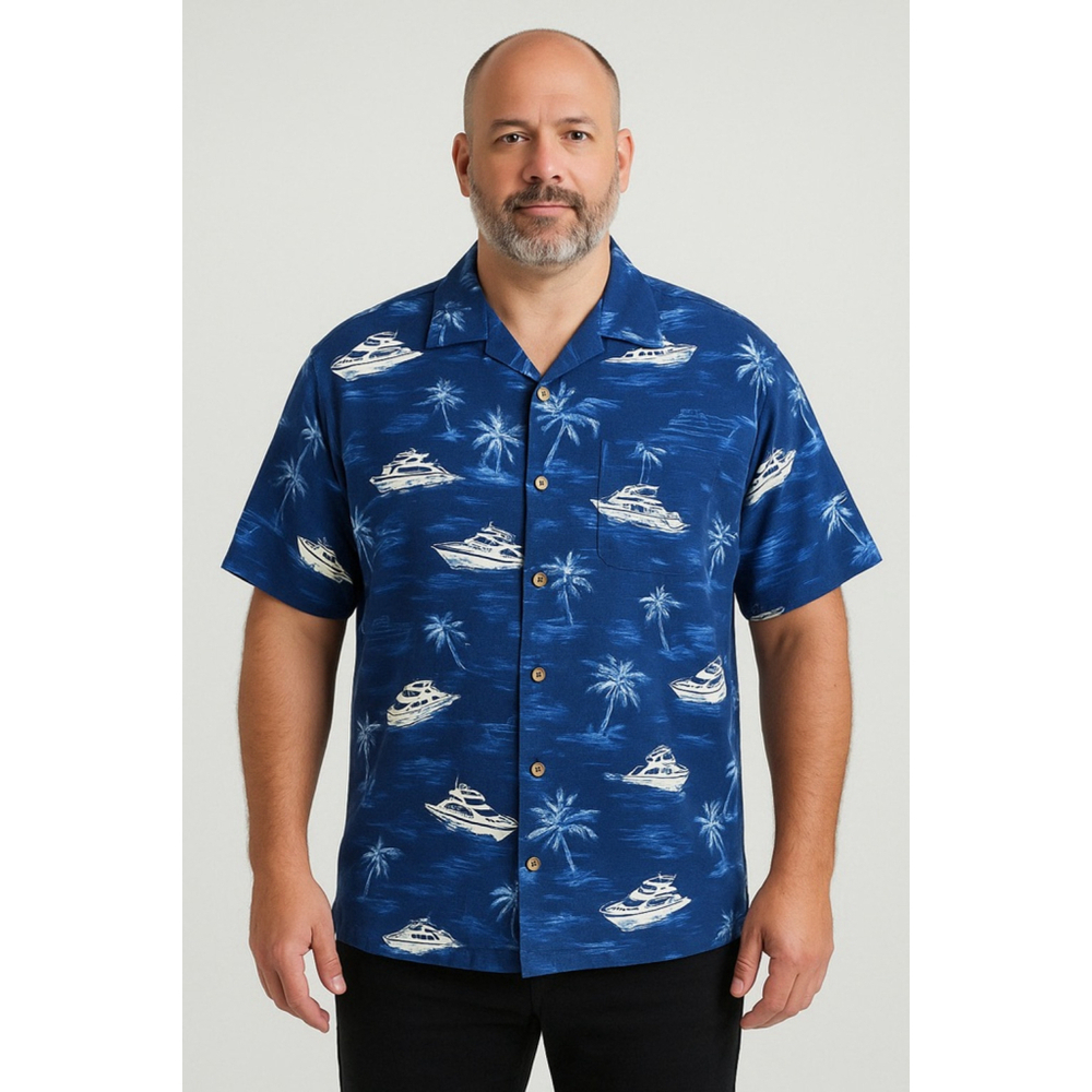 Men's Caribbean Silk Blend Button Down Shirt XL Blue Boat Palm Tree
